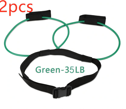 Women's adjustable waist resistance band with colour-coded latex tubes and pedal exerciser foot straps