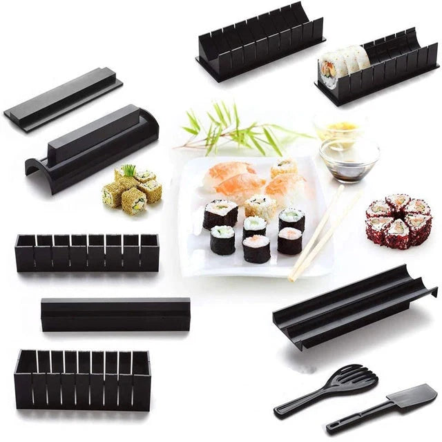 Plastic sushi making kit with 5 molds for creating heart, round, and square sushi shapes
