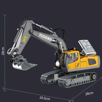 Children's grey-green 11-channel alloy excavator toy car with remote control, rechargeable battery, and simulation digging arm extended 15cm
