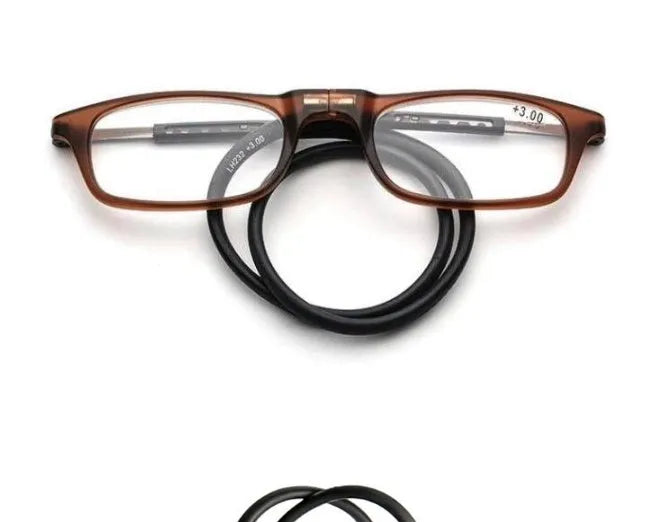 Portable magnetic reading glasses in pure titanium full frame with gray frame and red legs, adjustable neck hang design