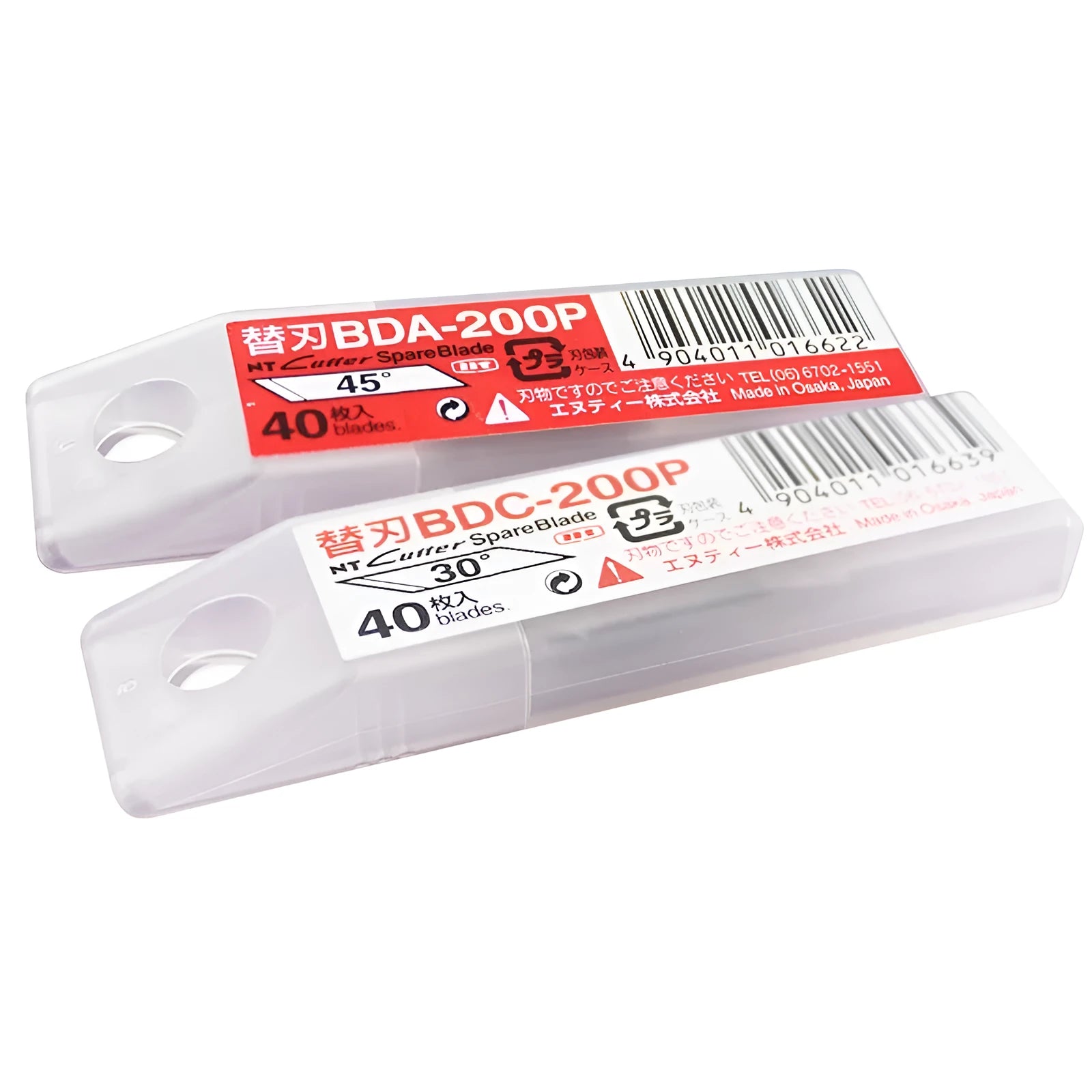 Two packs of NT Cutter replacement surgical blades: BDC-200P 30 degree and BDA-200P 45 degree, 40 pieces each.