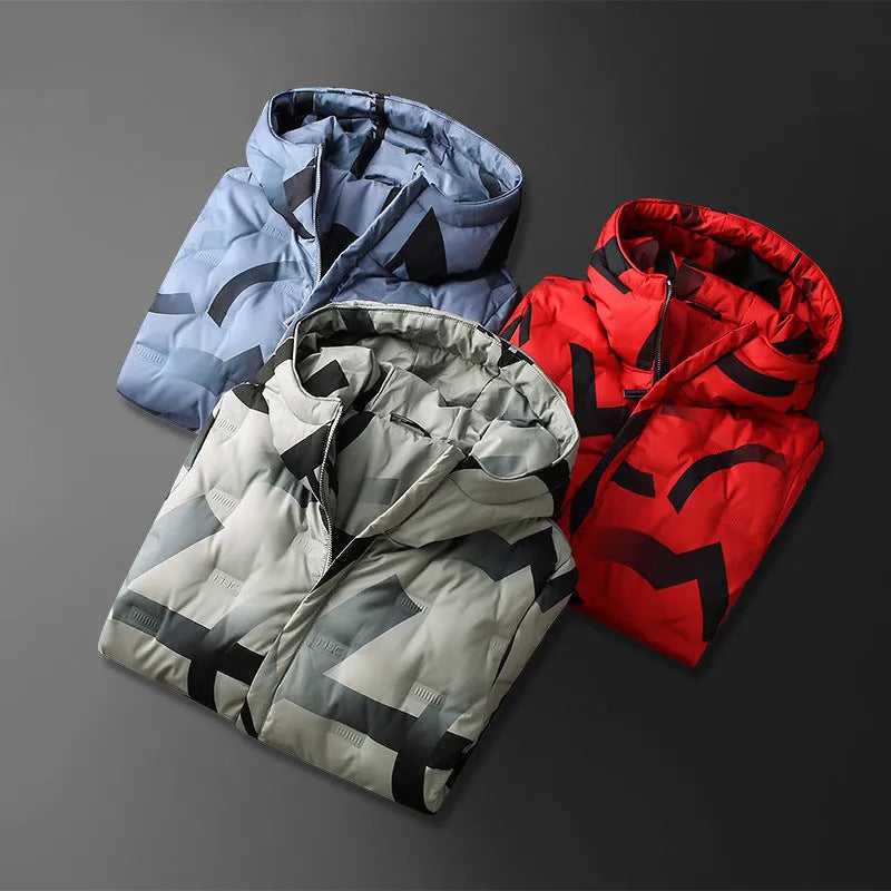 Cotton hooded down jacket in blue with fixed hood and zip front, winter outerwear