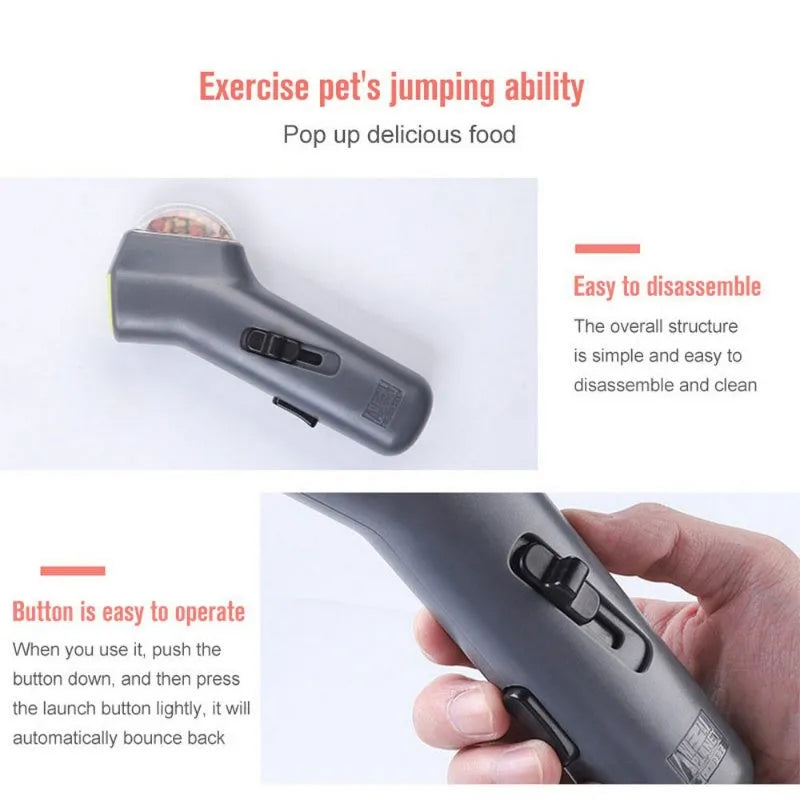 Grey plastic pet snack catapult launcher measuring 18cm with spring trigger mechanism