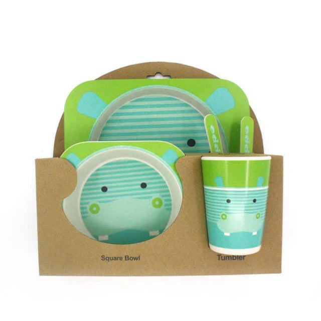 Five-piece bamboo fibre children's tableware set with vibrant animal-themed designs