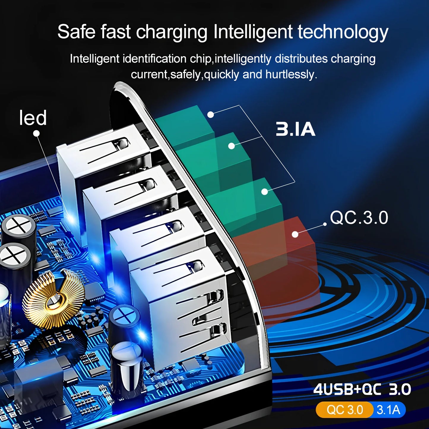 Black 4-port USB QC3.0 fast charger with 3100mA output for mobile phones and devices
