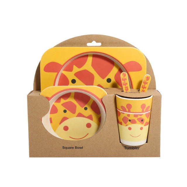 Five-piece bamboo fibre children's tableware set with vibrant animal-themed designs