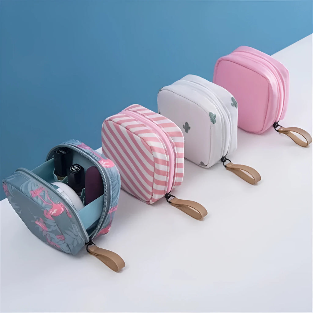 Cube-shaped plain cloth makeup storage bag in blue, pink, white, or white pink.