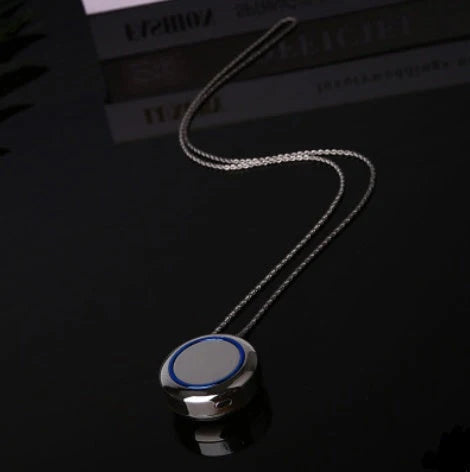 Portable negative ion air purifier necklace in blue, white, and silver options