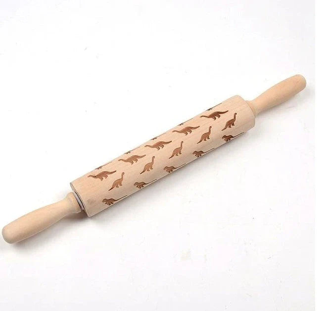 Wooden Christmas embossing rolling pin with non-stick surface for festive baking