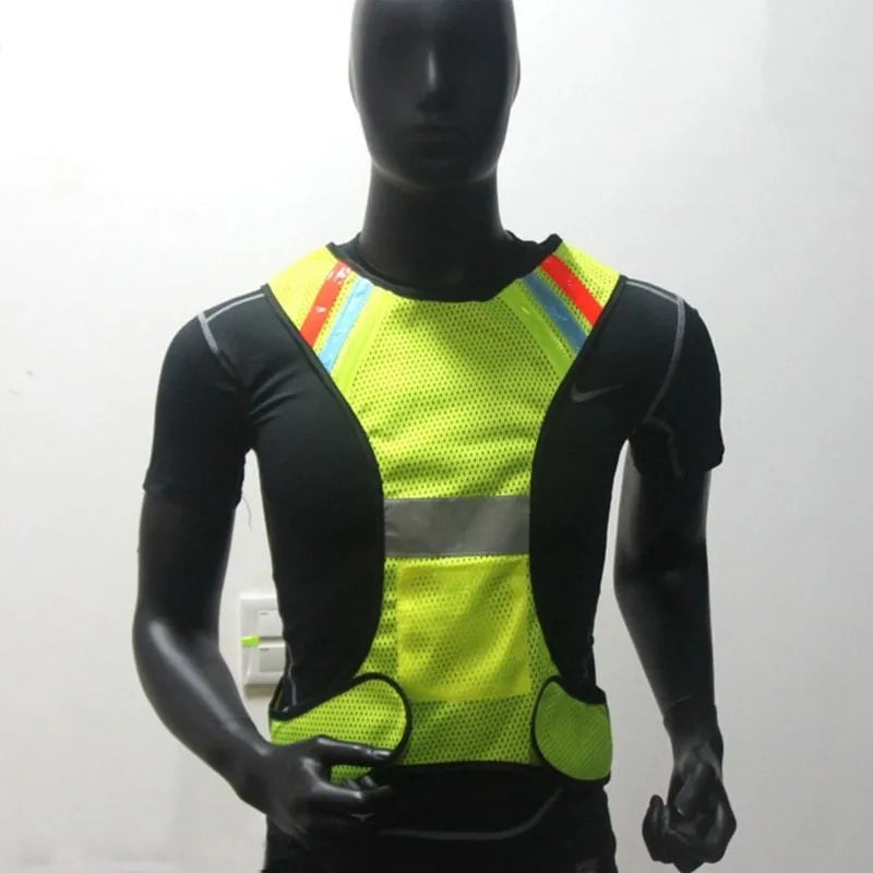 Fluorescent yellow LED reflective safety vest with red lights and mesh material for night cycling