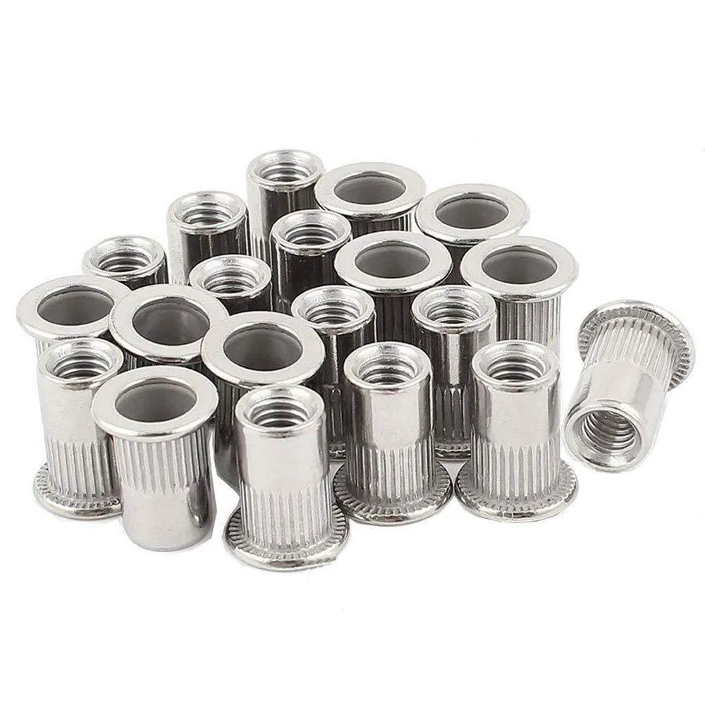 304 stainless steel flat head threaded rivet nut kit with 5/16-18 UNC thread, 0.4in body diameter, 1.5cm head, and 0.75in length