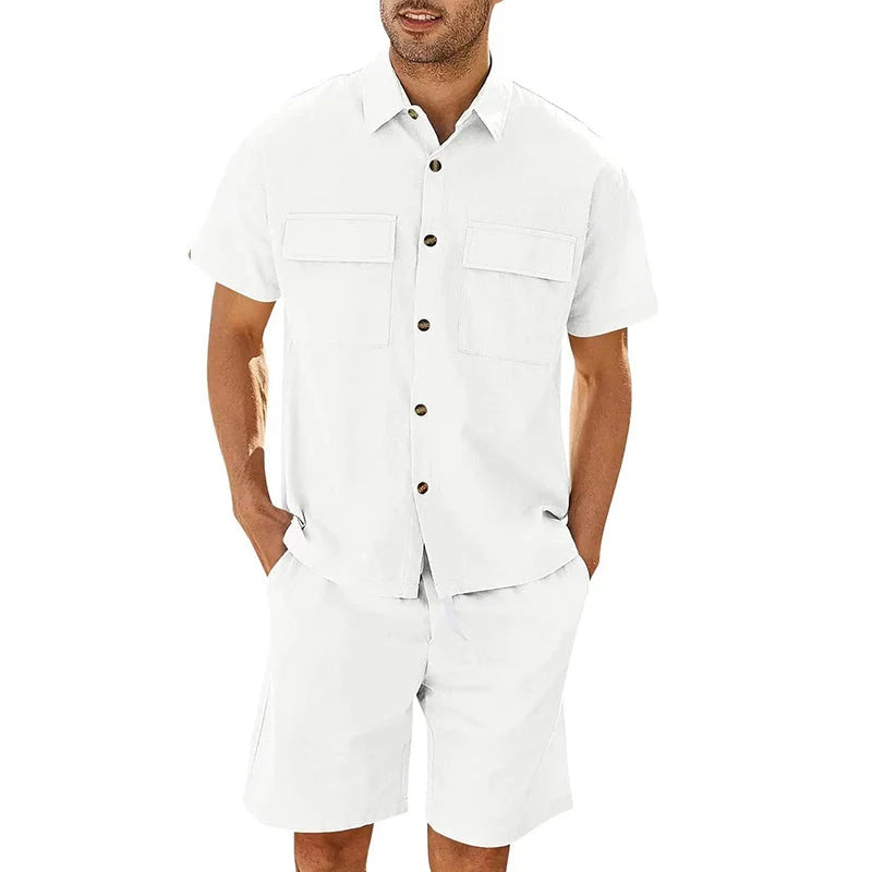 Men's summer suit set with short sleeve lapel shirt and drawstring shorts in linen-cotton blend