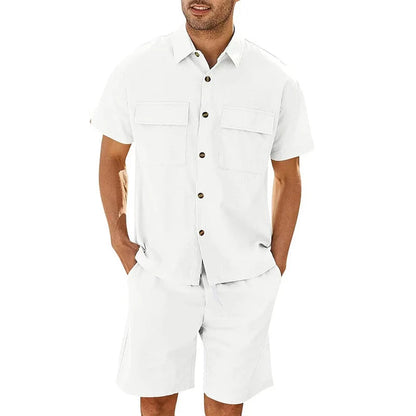 Men's summer suit set with short sleeve lapel shirt and drawstring shorts in linen-cotton blend