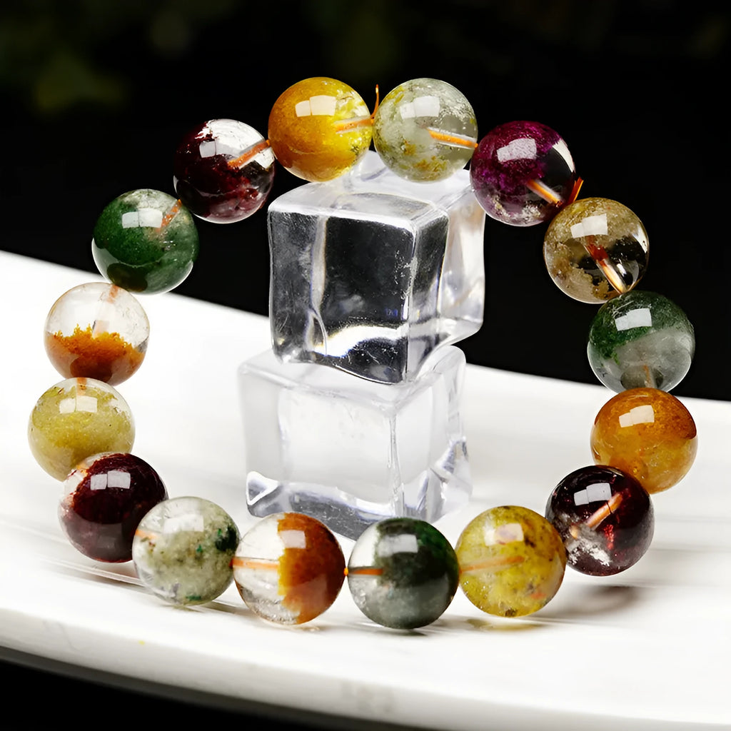 Ethnic style crystal ball bracelet with colourful ghost cornucopia design on 10mm beads.