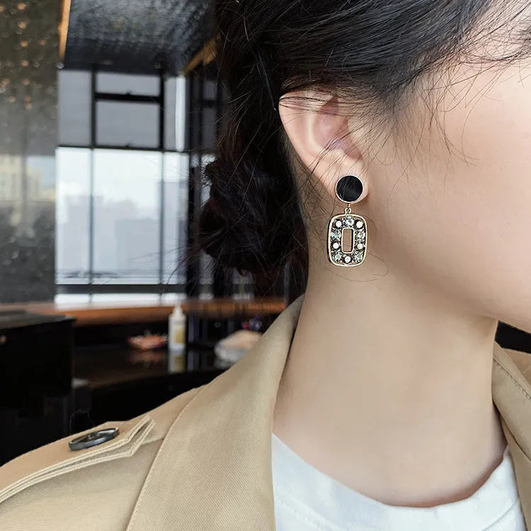 Women's retro crystal square earrings with rhinestones, silver needle post, electroplating alloy, Japanese Korean style
