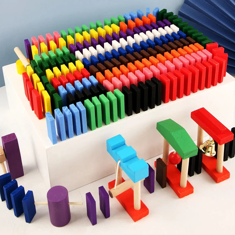 Wooden domino blocks set in 12 bright colours for educational play