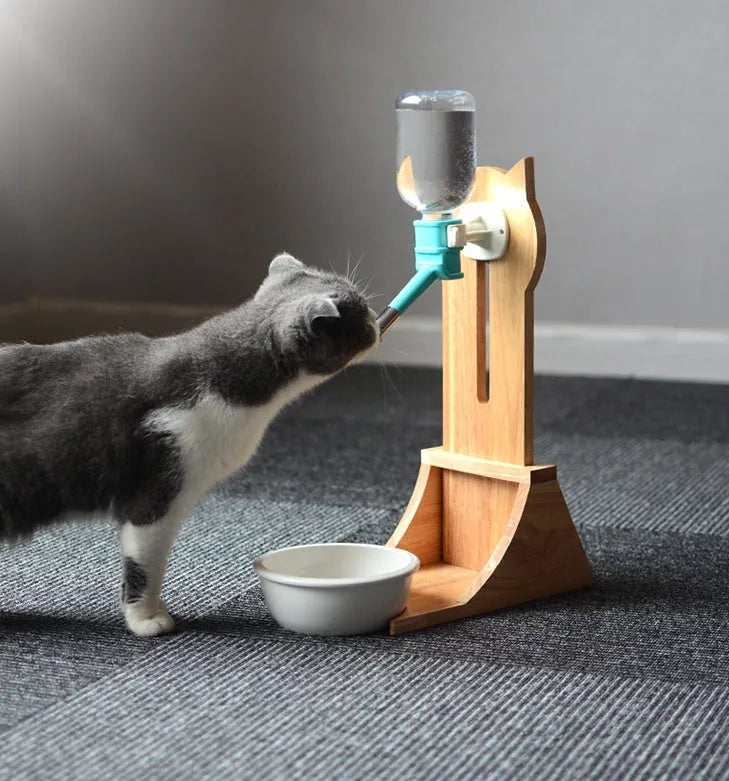 Cat drinking water dispenser with bamboo holder, 300ml capacity, Gray colour option