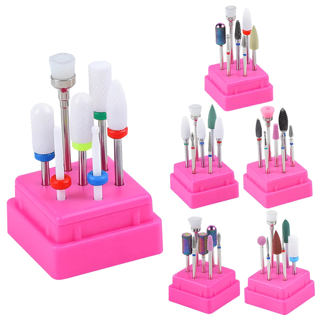 Tungsten steel nail drill bit set with six bits and one brush in a transparent case.