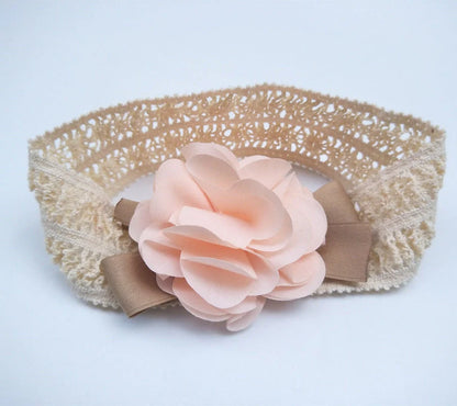 Baby lace headband with floral design in pink, grey, and rose red
