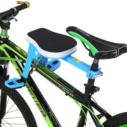 Front-mounted bicycle child seat with foldable pedals and quick-release clamp for 31.8mm seatposts