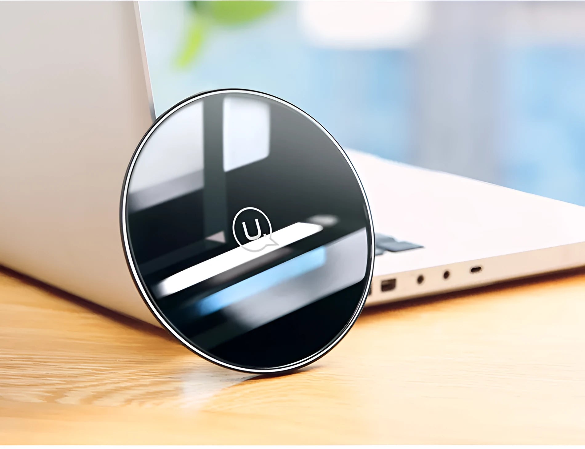 Glass wireless charging disc with LED indicator in black and white options