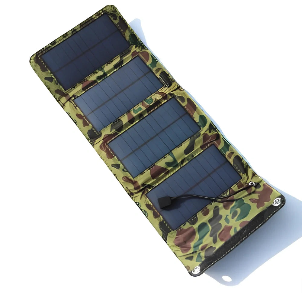 8W folding solar charger with expanded monocrystalline panel showing USB output port