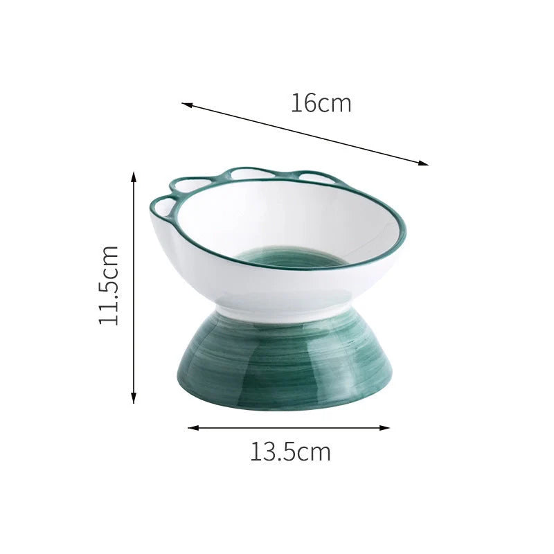 Ceramic pet bowl with cartoon paw design and 15-degree incline for comfortable feeding
