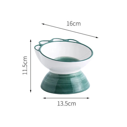 Ceramic pet bowl with cartoon paw design and 15-degree incline for comfortable feeding