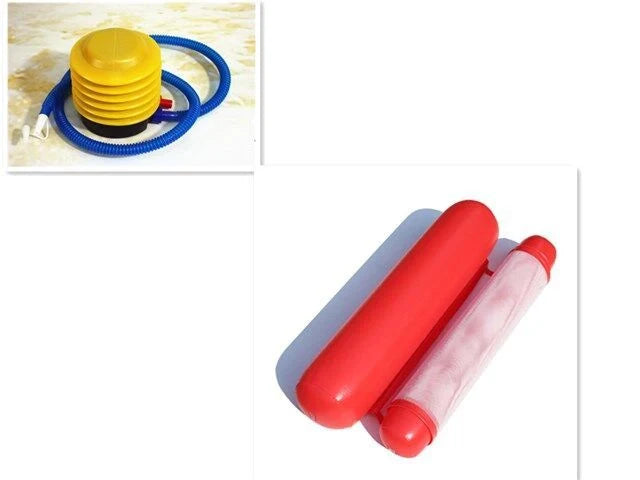 Inflatable water lounge chair in blue, floating in pool with hammock design visible