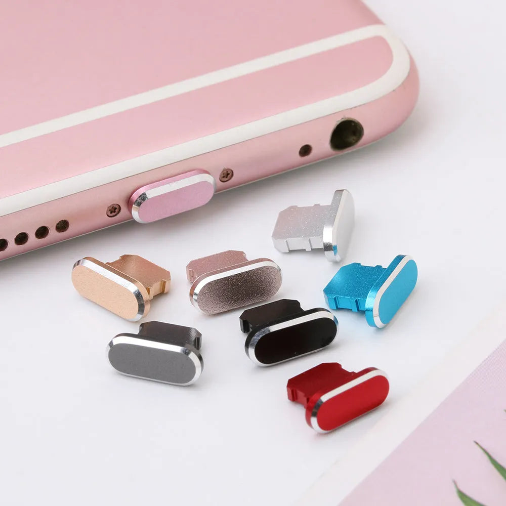 Aluminium alloy iPhone charging port dust plug in silver, shown next to an iPhone.