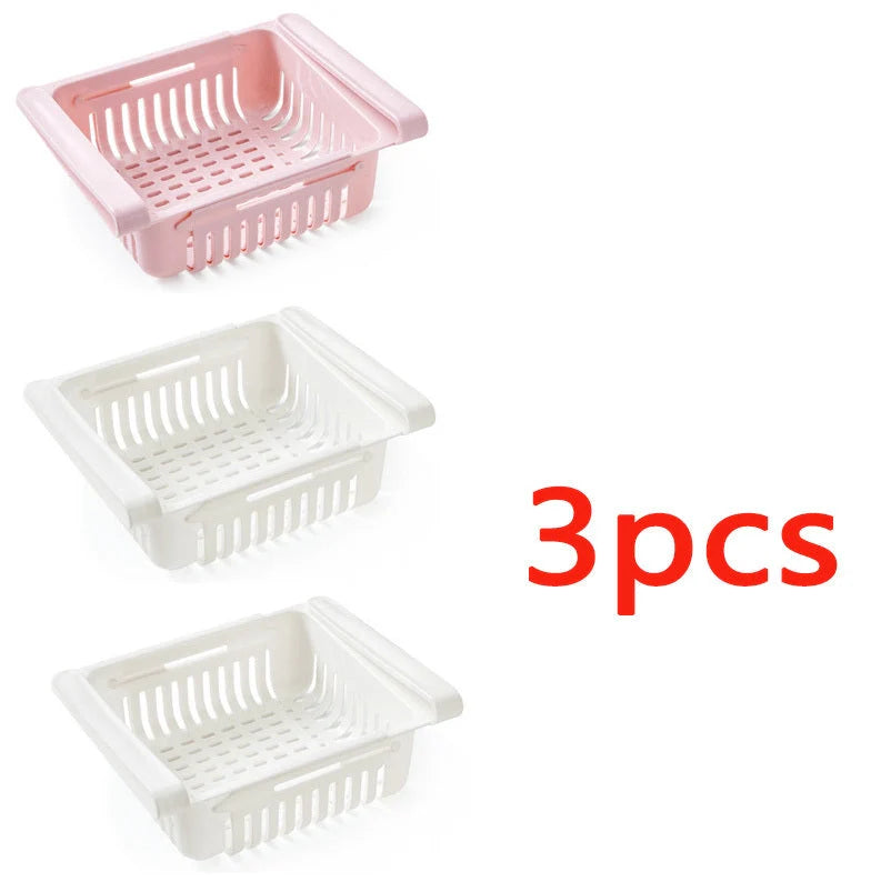 Stretchable refrigerator storage basket in white, blue, pink, and apricot colours