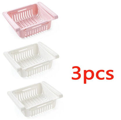Stretchable refrigerator storage basket in white, blue, pink, and apricot colours