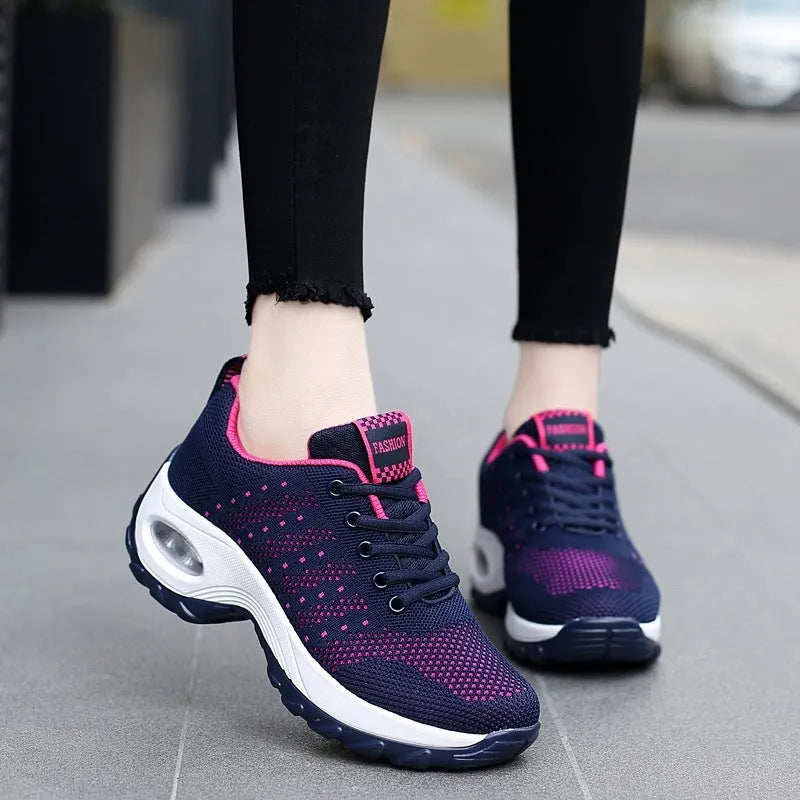 Ladies net shoes mesh breathable casual sneakers in grey, lace-up, flat sole, side view
