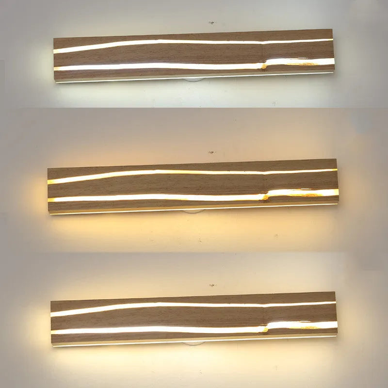 Solid wood bedroom LED wall light in log colour with rubber wood and acrylic construction