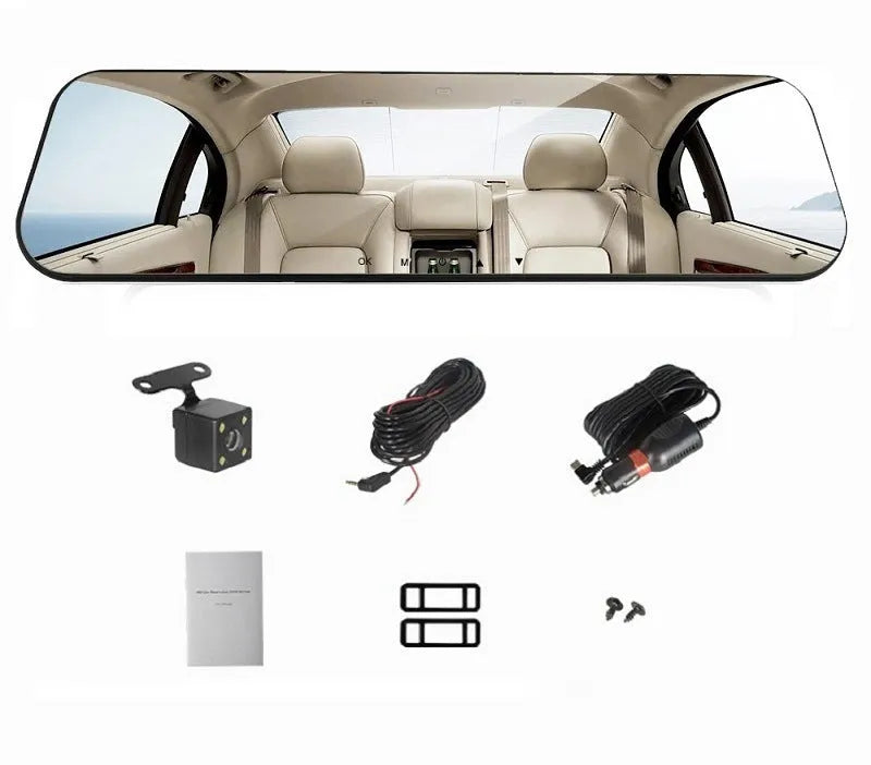White glass mirror driving recorder with 140 degree angle mounted over car rearview mirror