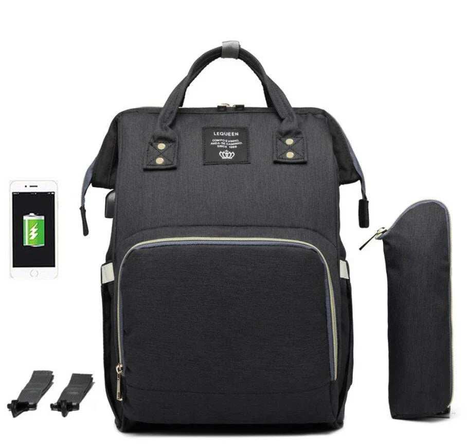 A stylish and practical mummy backpack with features like an insulated bottle compartment, USB charging port, and water-resistant construction.
