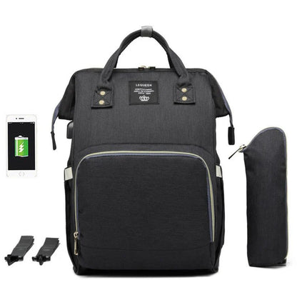 A stylish and practical mummy backpack with features like an insulated bottle compartment, USB charging port, and water-resistant construction.