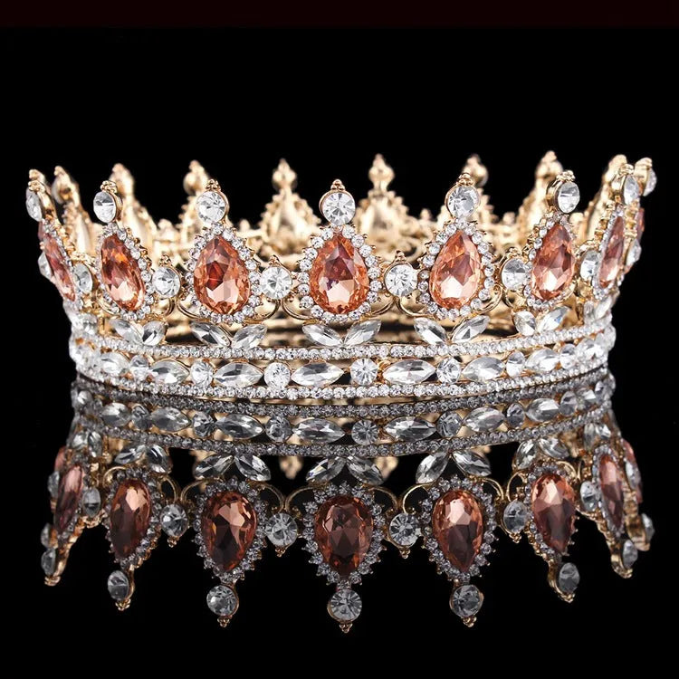 Baroque bridal crown headdress with rhinestones, alloy construction, 12.5cm diameter, gold finish