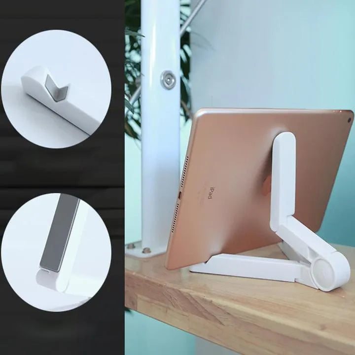 Black foldable tablet holder supporting a tablet in landscape viewing position on a desk