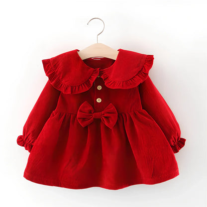 Baby girl cotton corduroy dress with bow detail in multiple colour options