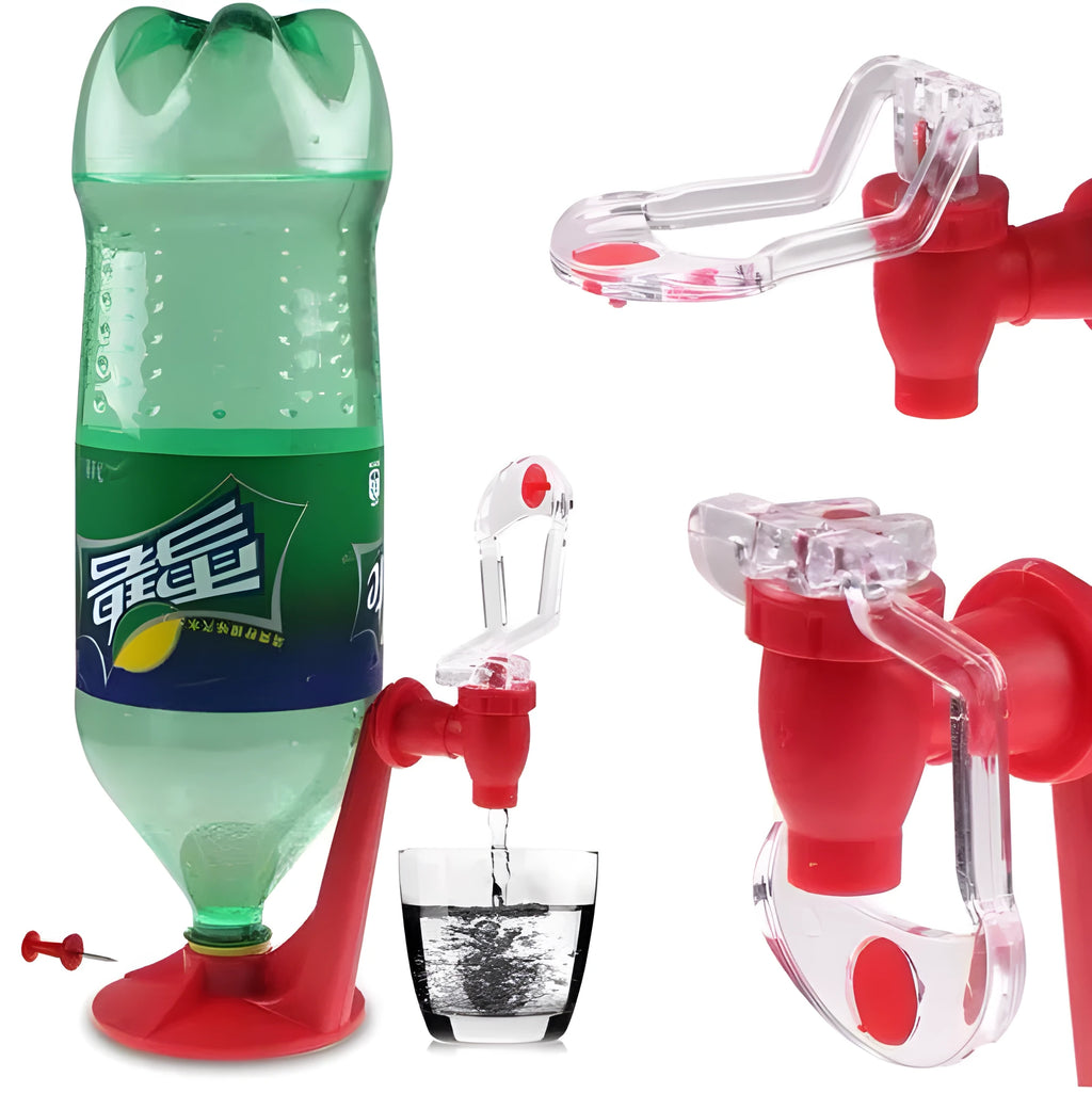 Red plastic Magic Tap soda dispenser for 2-liter bottles with push-button mechanism