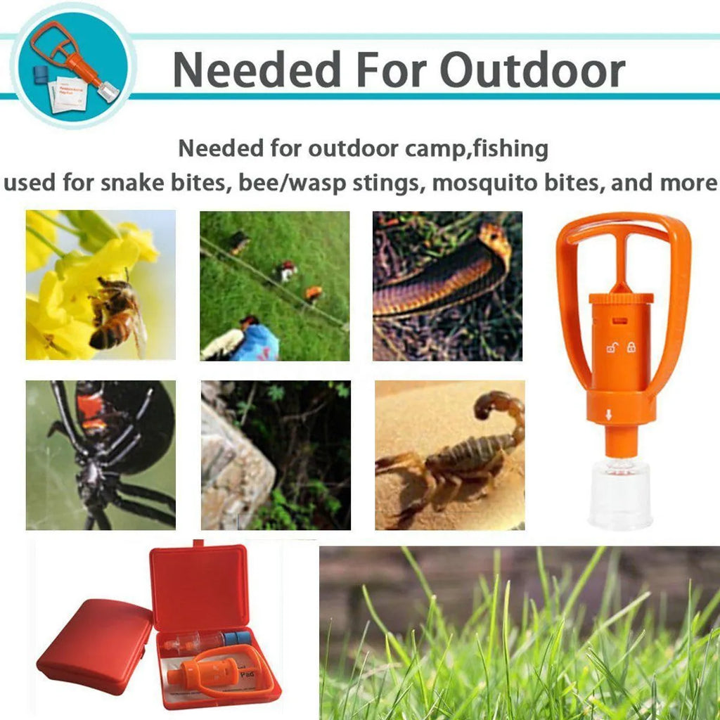 Orange portable first aid suction device for venom extraction, shown with two suction cups, a tourniquet, and swabs.