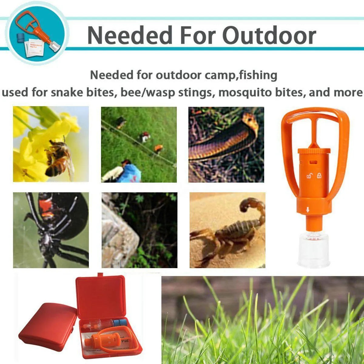 Orange portable first aid suction device for venom extraction, shown with two suction cups, a tourniquet, and swabs.