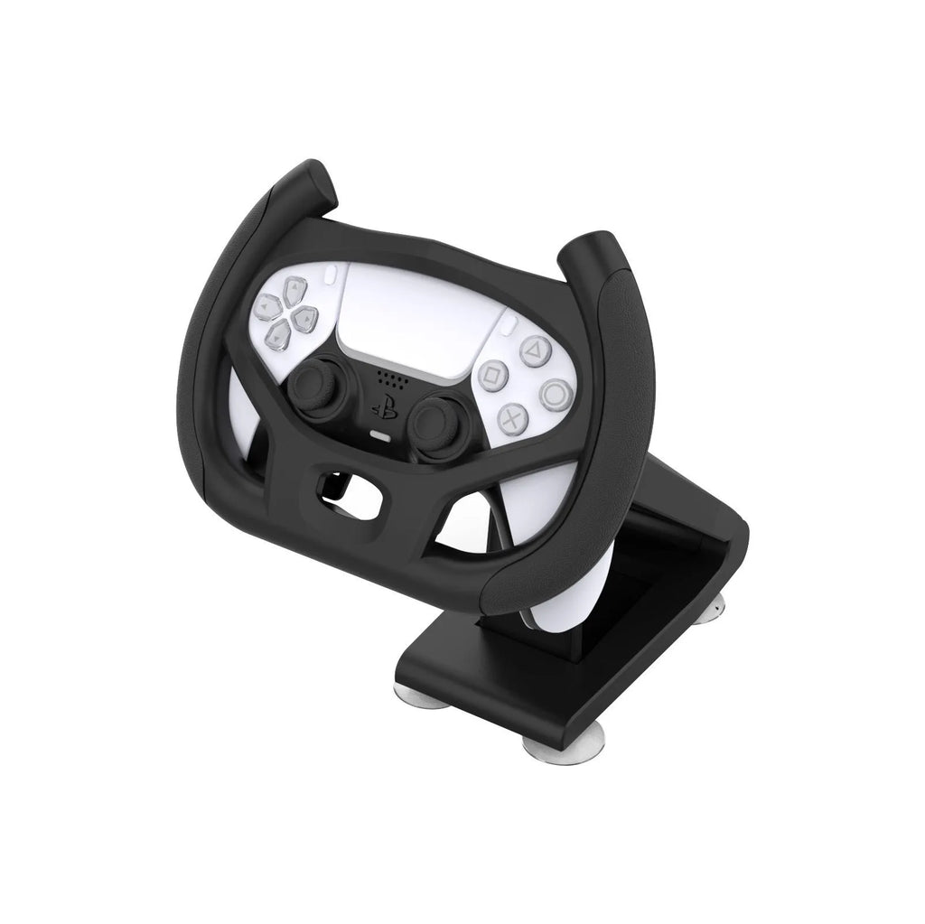 Black ABS plastic steering wheel bracket with a suction cup base for mounting smartphones during games.
