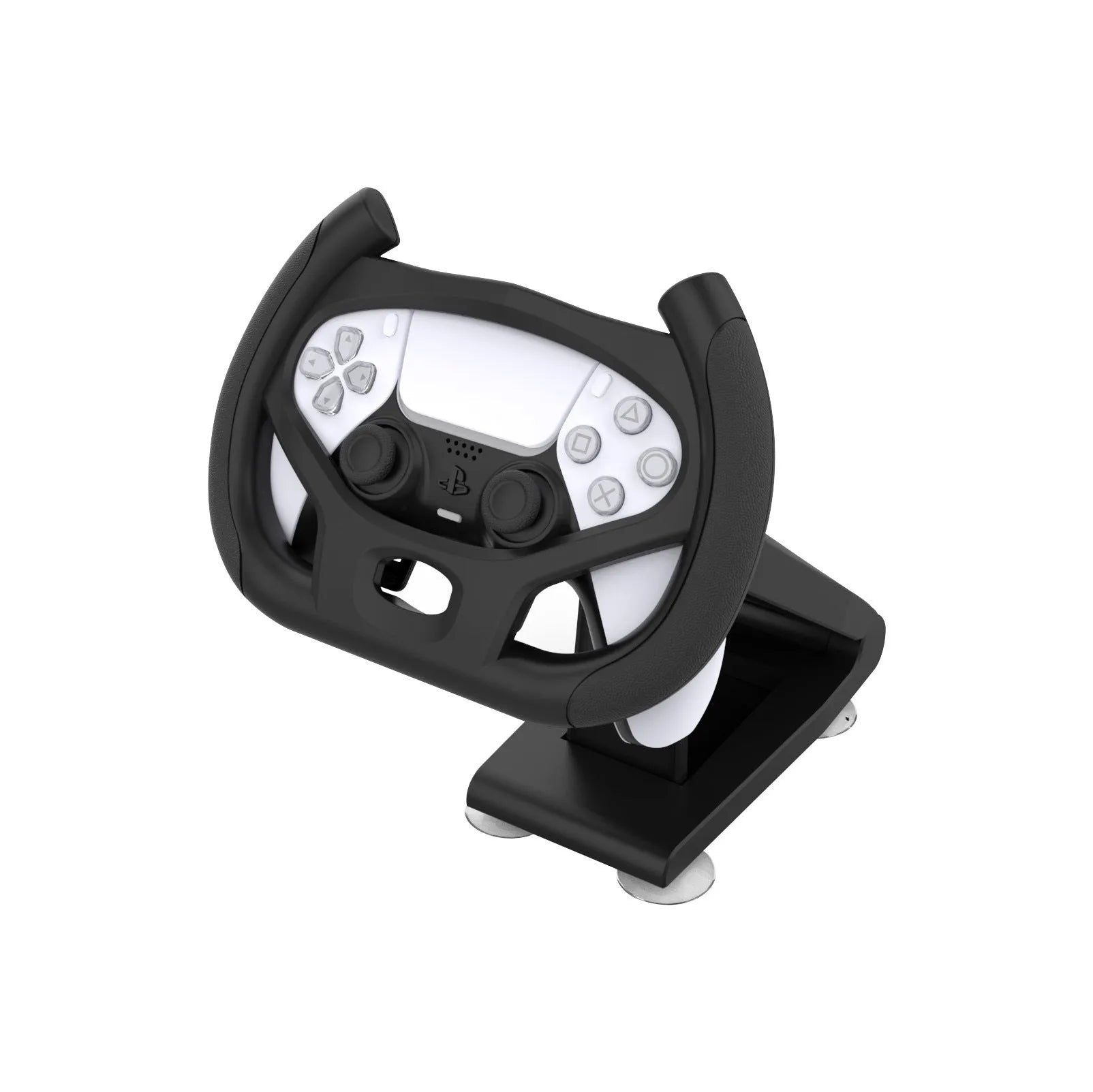 Black ABS plastic steering wheel bracket with a suction cup base for mounting smartphones during games.