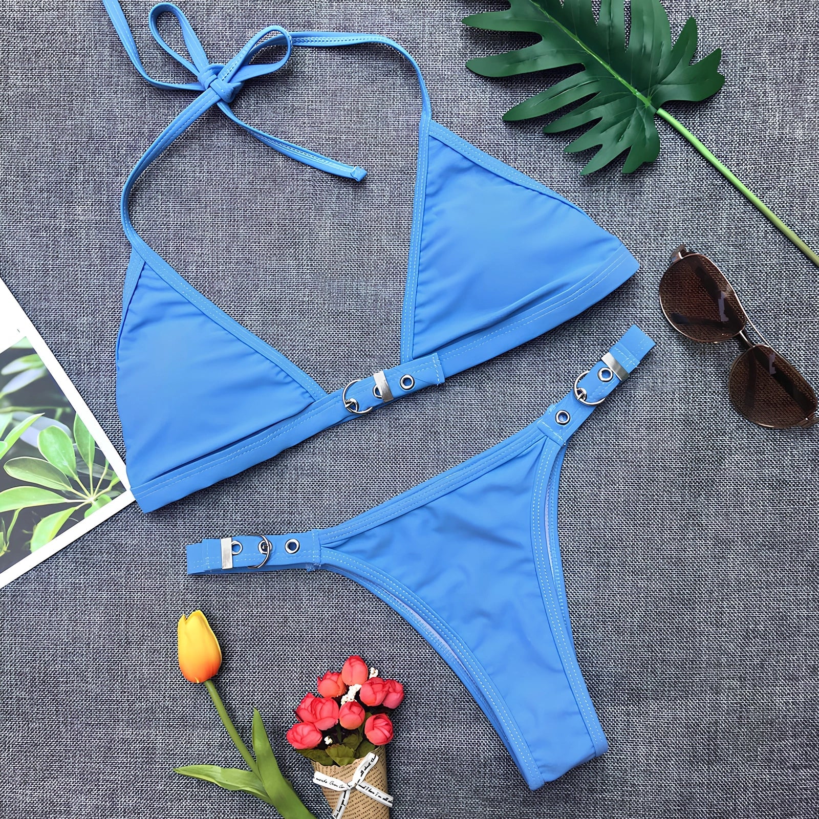 Women's black adjustable nylon bikini set with removable pads and tie straps