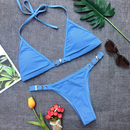 Women's black adjustable nylon bikini set with removable pads and tie straps