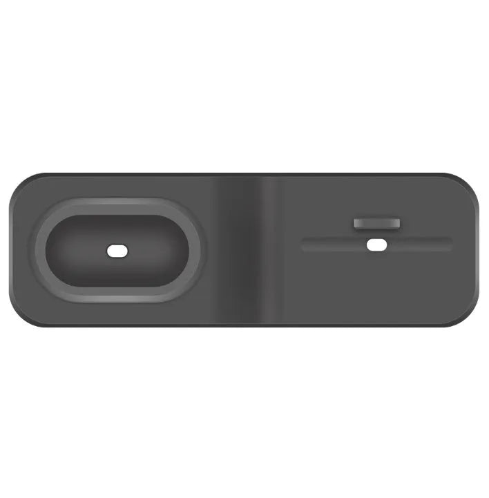 Black geometric 3-in-1 charging stand for Apple iPhone, Watch, and AirPods on a desk.