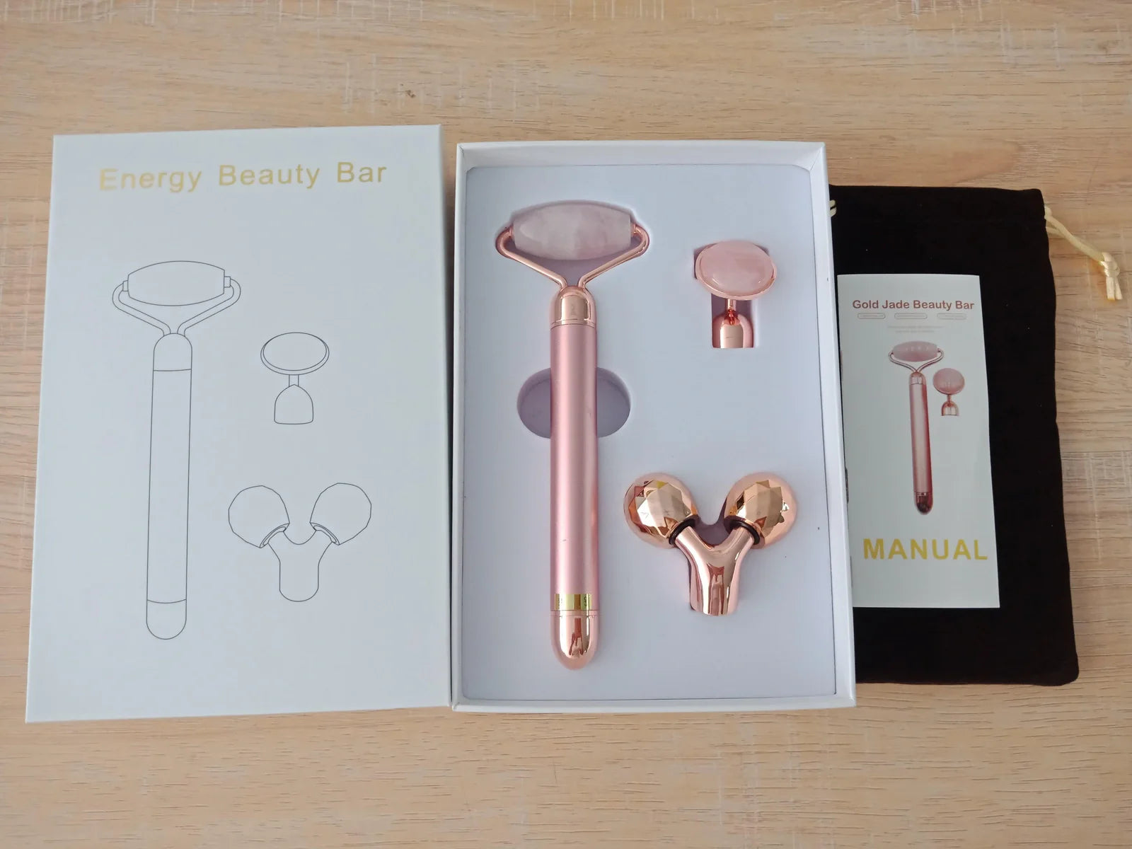 3-in-1 vibrating facial jade roller set with rose quartz stone and 3 replaceable heads