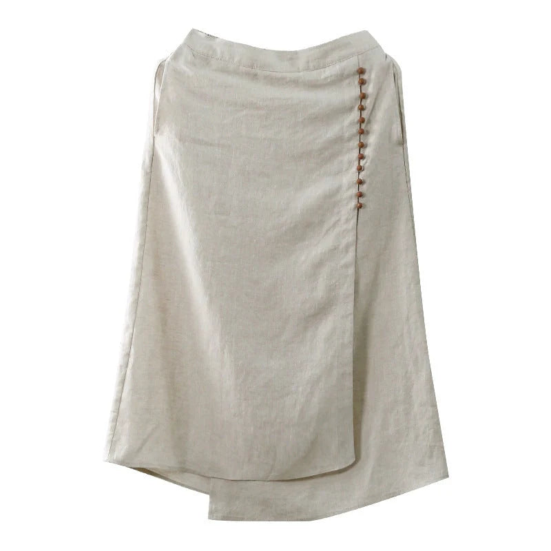 Mid-length raw jute color skirt with artistic irregular stitching in hemp